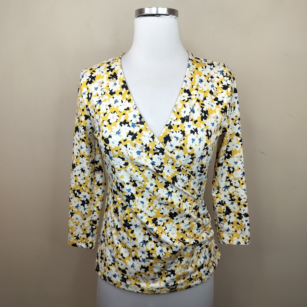 Ann Taylor Floral Faux Wrap Top XS Petite 3/4 sleeve Career Yellow Stretch